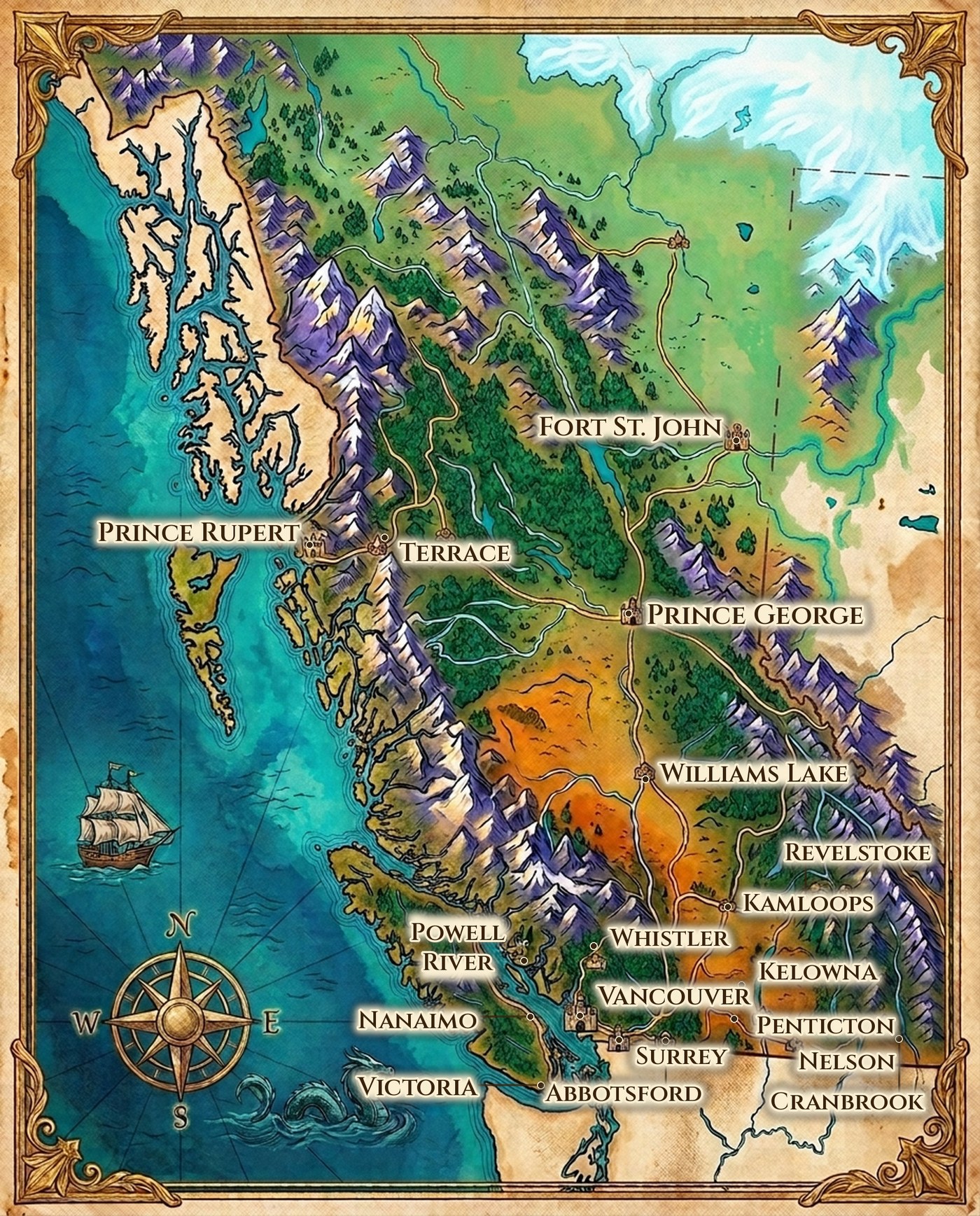 Hand-painted fantasy map of British Columbia showing Vancouver, Victoria, Nanaimo, Powell River, Whistler, Surrey, Abbotsford, Kamloops, Kelowna, Penticton, Nelson, Cranbrook, Revelstoke, Williams Lake, Prince George, Prince Rupert, Terrace and Fort St. John in their true geographic positions